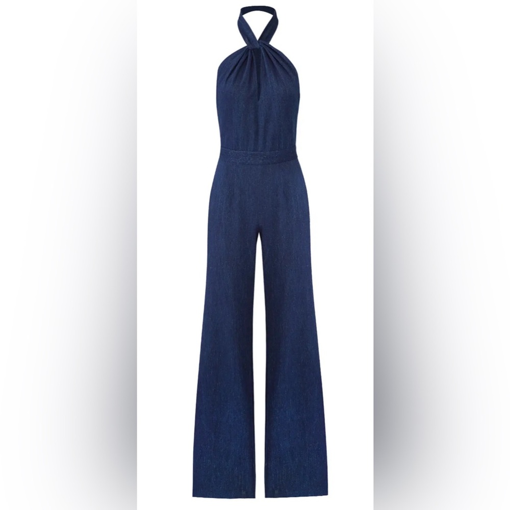 Josie Natori denim halter jumpsuit size 4